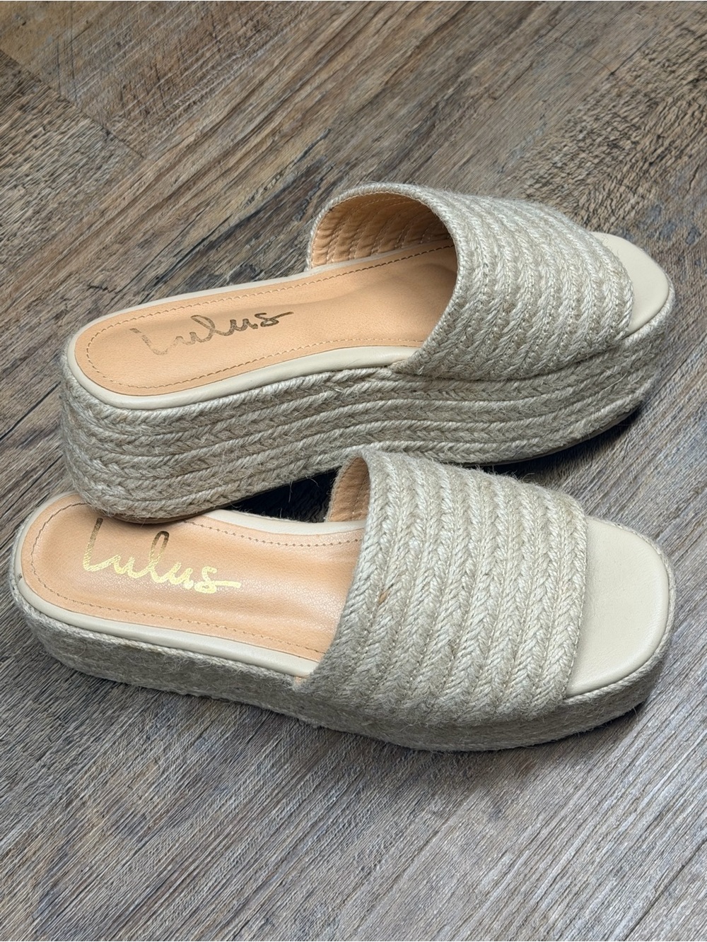 Lulu's Beige Espadrille Platform Slide Sandals women’s size 6